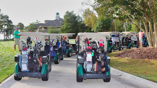 people riding on blue and white golf cart during daytime