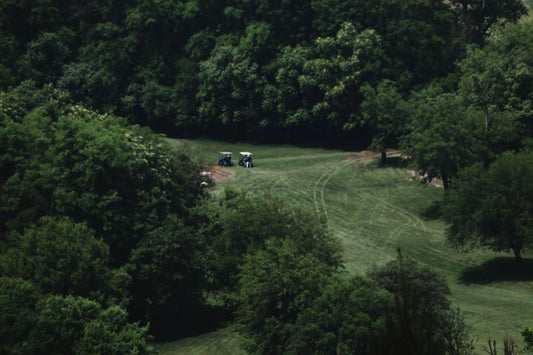 Golf carts on a path through a forested golf course