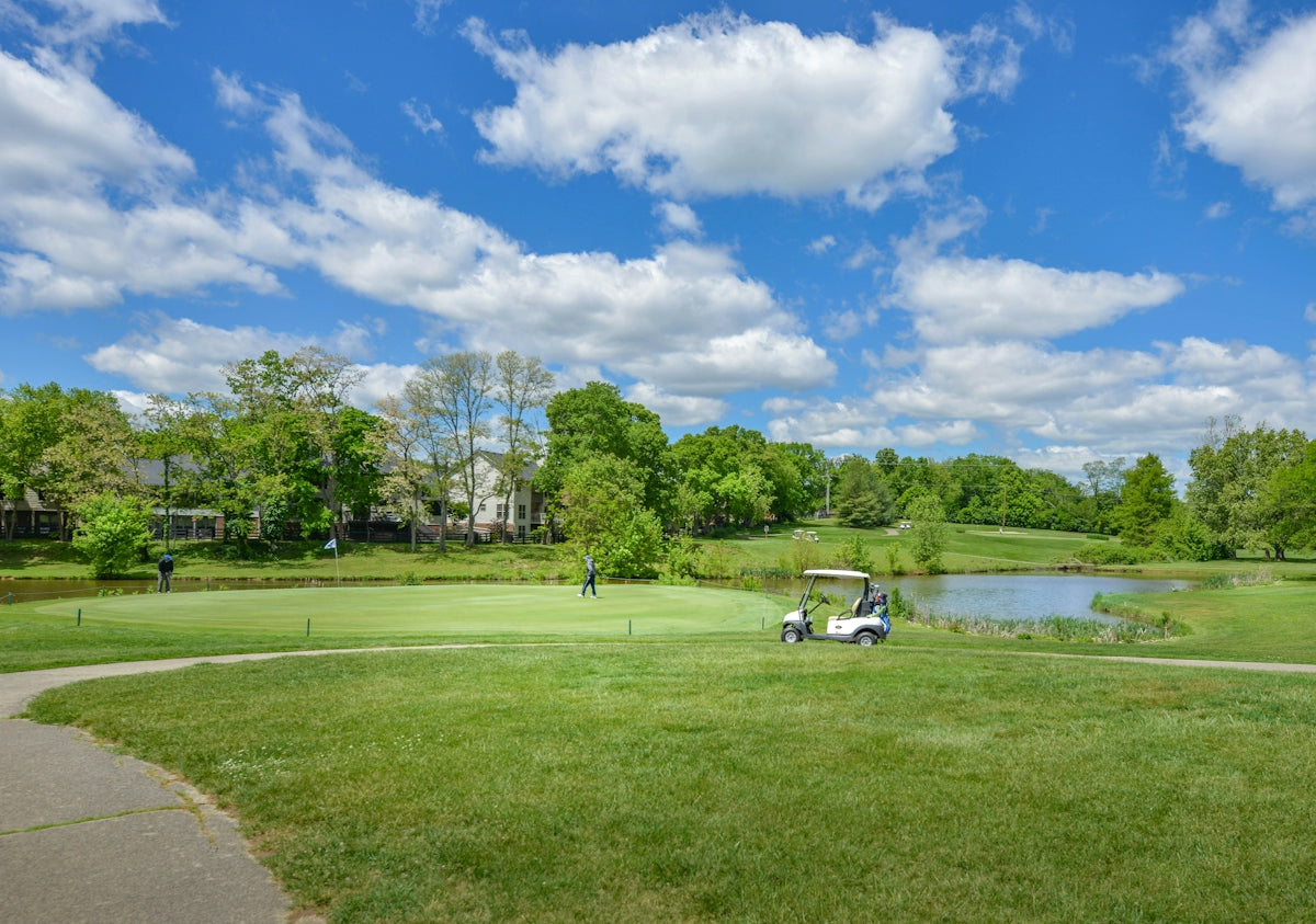 Green golf course with cart, pond, trees, and blue sky