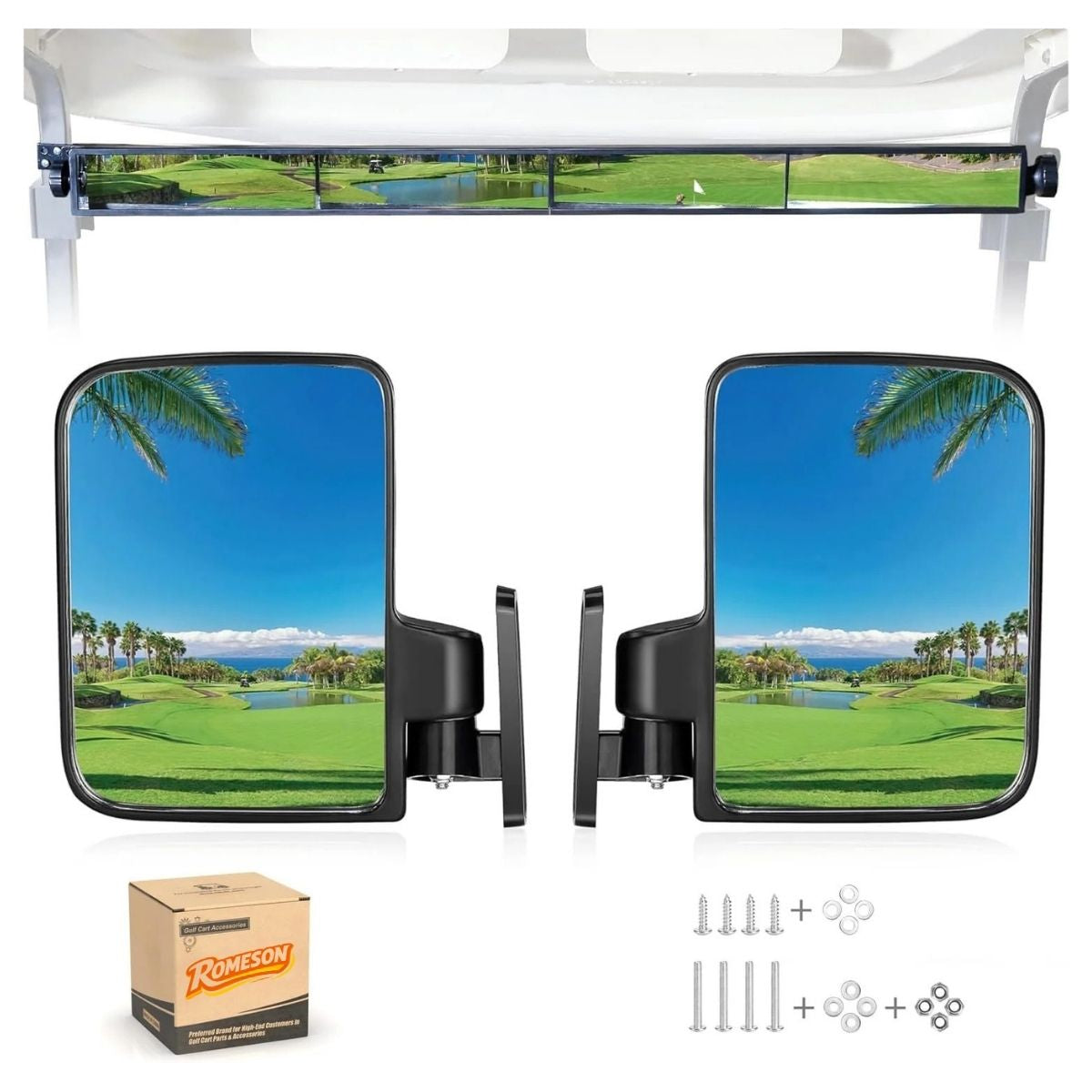 Golf Cart Side Mirror and 4 Panel Rearview Mirror Kit Universal