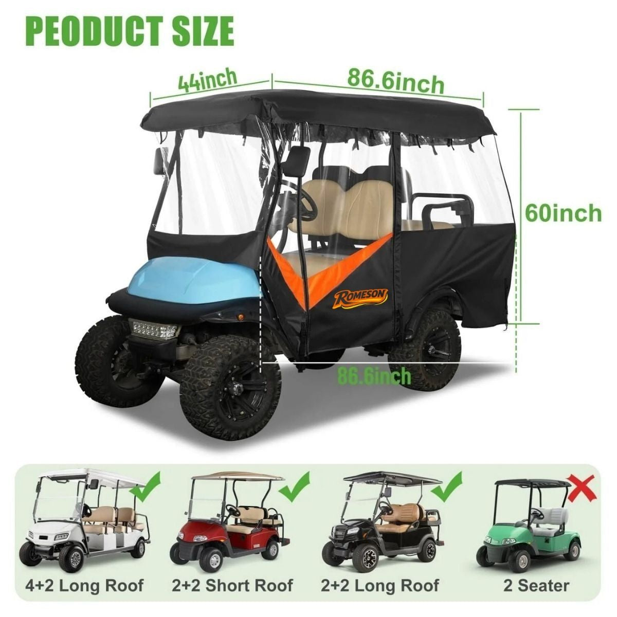 Golf Cart Enclosure Extended Roof 4 Seater Explosion Proof Zipper Design Universal